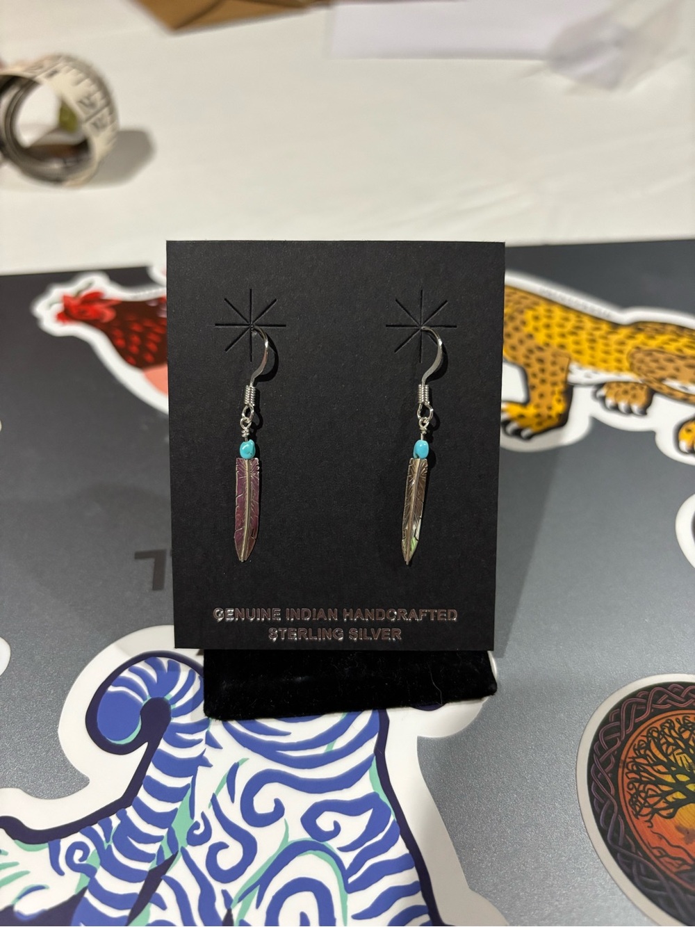 Turquoise Accent Sterling Silver Feather Drop Earrings - Genuine Handcrafted